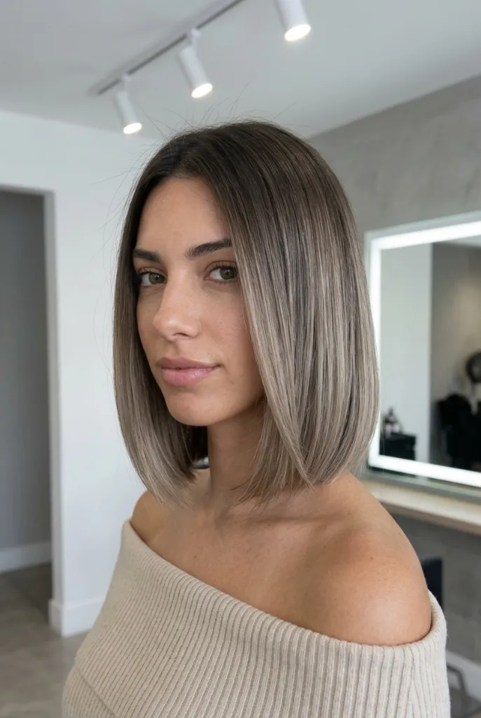 Ash mushroom blunt bob with cool-toned ombre and sleek ends