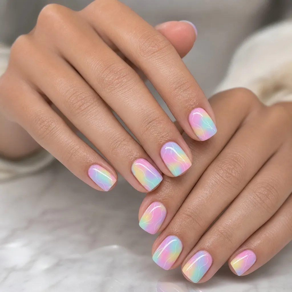 Pastel Rainbow Aura nails for summer. Summer vibes nails 2026 in holographic pastel ombre on short squoval.