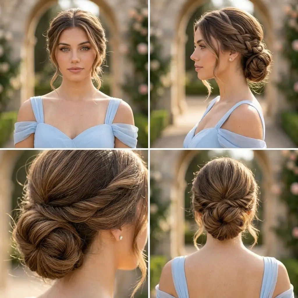 Romantic braided low chignon — brunette hair shown from four angles with a side braid feeding into a twisted low bun, light blue off-shoulder dress in a garden with arches