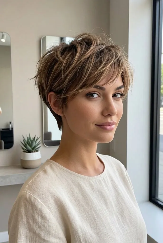 Textured Pixie Warm Highlights Brunette Hair Summer 2026 Textured pixie cut with warm caramel highlights on brunette hair