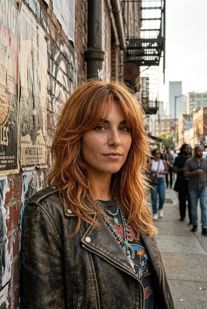 Medium-length warm copper shag with textured layers and a leather jacket on a city street