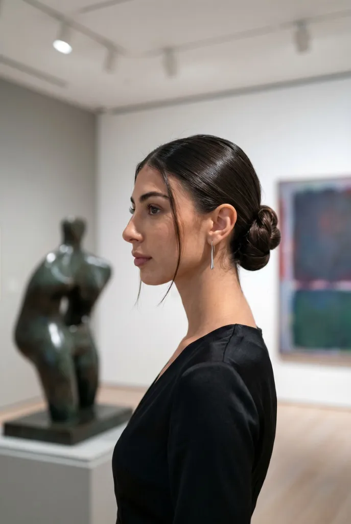 Minimalist low knot bun with dark brown hair, clean side profile in art gallery setting with sculpture and painting — refined intellectual vibe