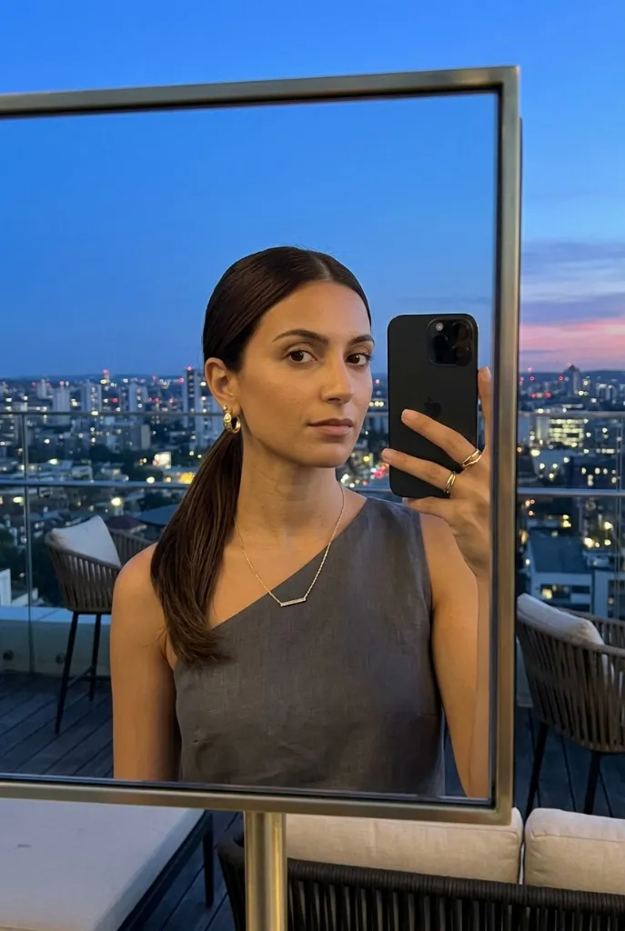 Sleek architectural high ponytail, mirror selfie with city skyline at dusk, minimalist chic rooftop style