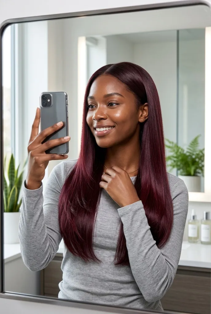 Long sleek burgundy-plum hair with straight silk press finish and subtle ombre