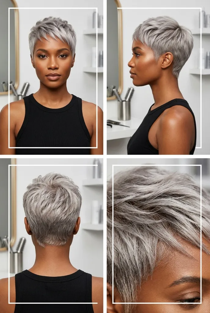 Four-angle view of silver-gray textured pixie cut with layered top and tapered sides — edgy, fashion-forward, confident