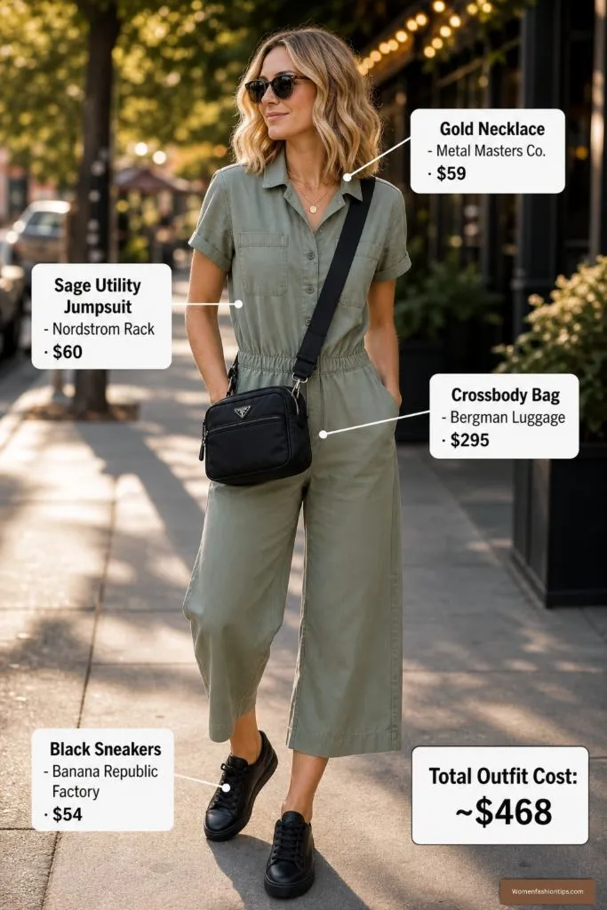Sage Utility Jumpsuit with Black Crossbody
