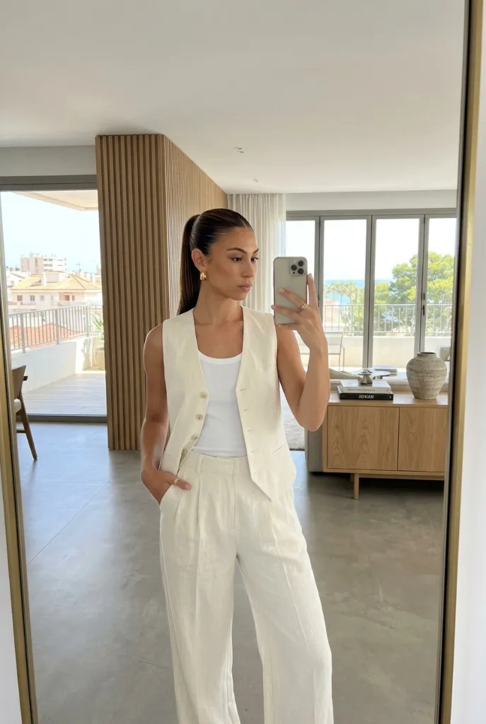 Linen blonde sleek low ponytail, mirror selfie in minimalist apartment, cream linen vest and trousers, modern Mediterranean style