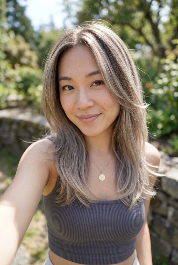Asian woman with sun-bleached ash brown hair and natural highlights
