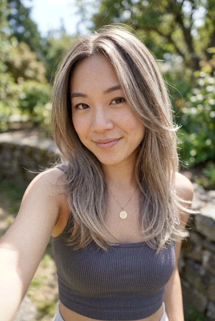 Asian woman with sun-bleached ash brown hair and natural highlights