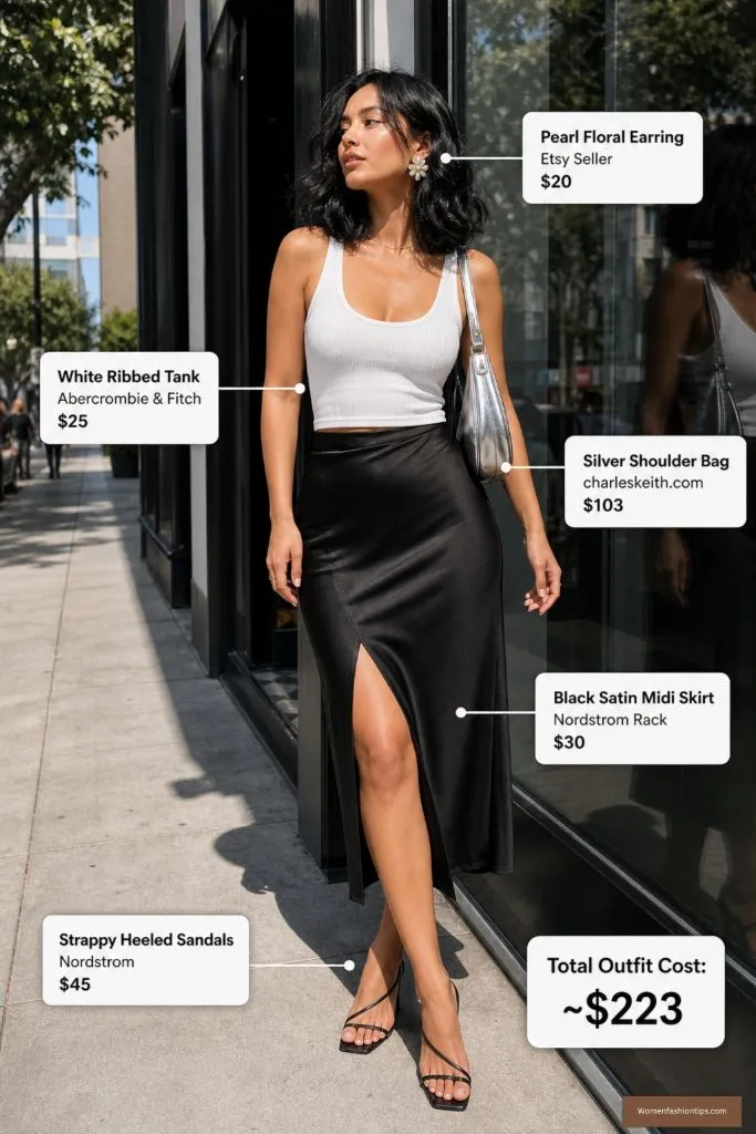 White Ribbed Tank with Black Satin Midi Skirt