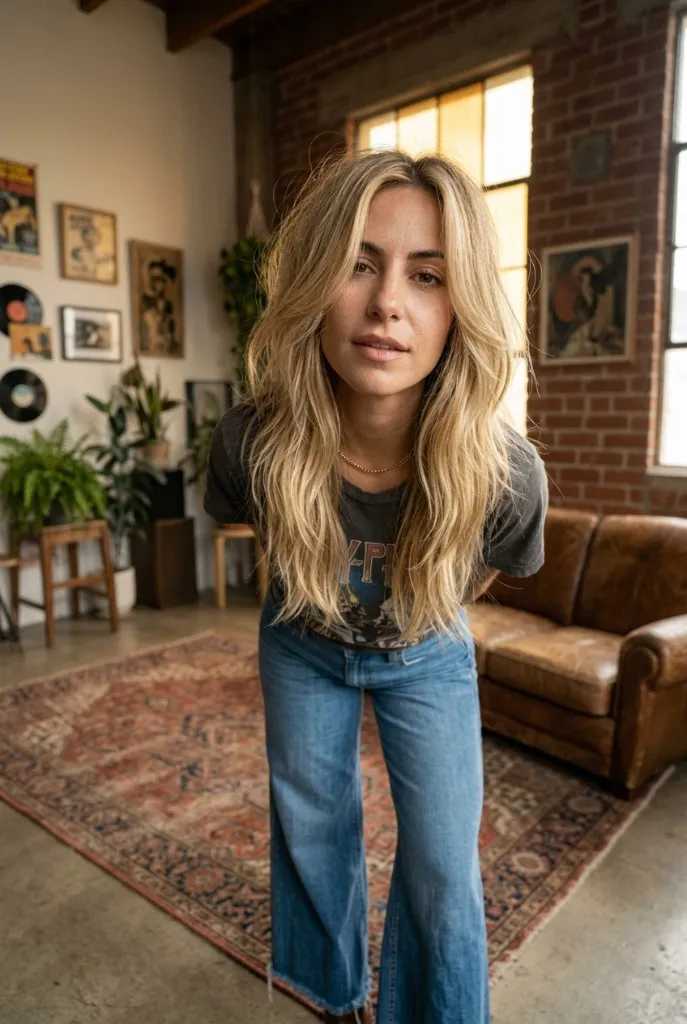 Long blonde layered shag hairstyle with curtain bangs in a bohemian loft with vintage decor — rock-and-roll casual, 70s revival