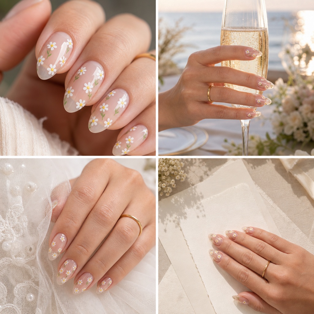 Daisy Garden Bridal Nails 2026: hand-painted daisies on sheer nude Daisy Garden Bridal nails for summer. Summer vibes nails 2026 with delicate floral nail art on nude almond.