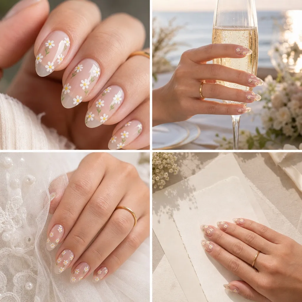 Daisy Garden Bridal nails for summer. Summer vibes nails 2026 with delicate floral nail art on nude almond.