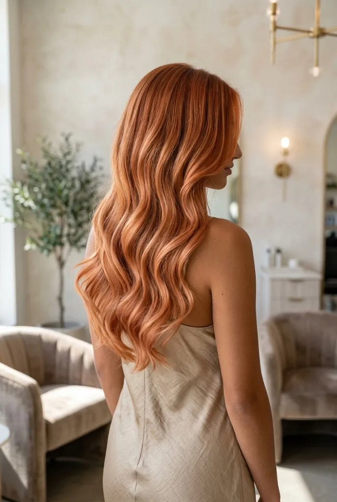 Long peach-copper waves seen from behind with warm sunset-toned ombre