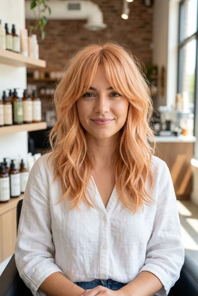 Medium-length peach-orange wavy shag with soft bangs in a bright salon