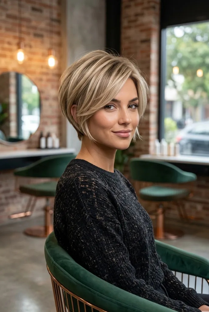 Honey-Kissed Layered Bob Summer Blonde 2026 Honey-kissed layered bob with warm blonde highlights in a modern salon setting