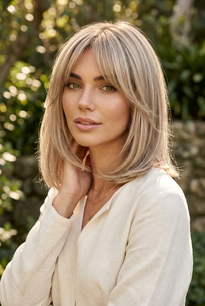 Layered Fringe Midi Blonde 2026 Medium blonde hair with soft fringe bangs in an outdoor garden setting
