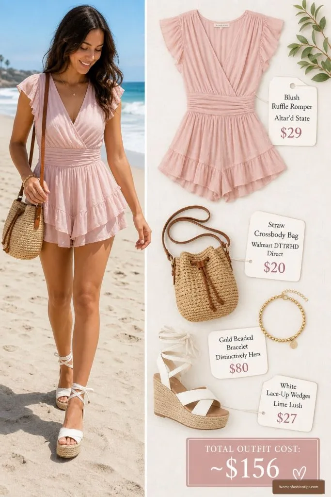 Blush Ruffle Romper Beach Outfit