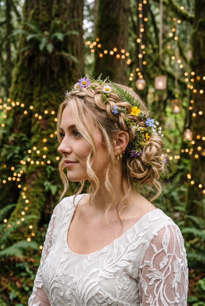 Festival-style braid crown updo with blonde hair woven with fresh wildflowers and ferns, loose curly tendrils, white lace dress, enchanted forest setting with fairy lights — bohemian bridal whimsical vibe