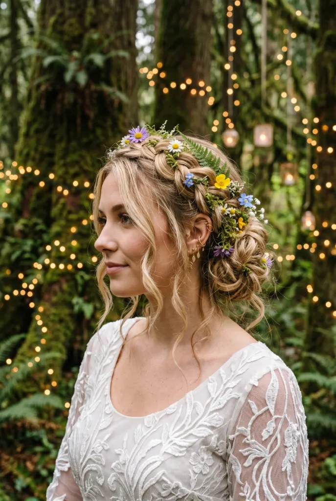 Festival-style braid crown updo with blonde hair woven with fresh wildflowers and ferns, loose curly tendrils, white lace dress, enchanted forest setting with fairy lights — bohemian bridal whimsical vibe