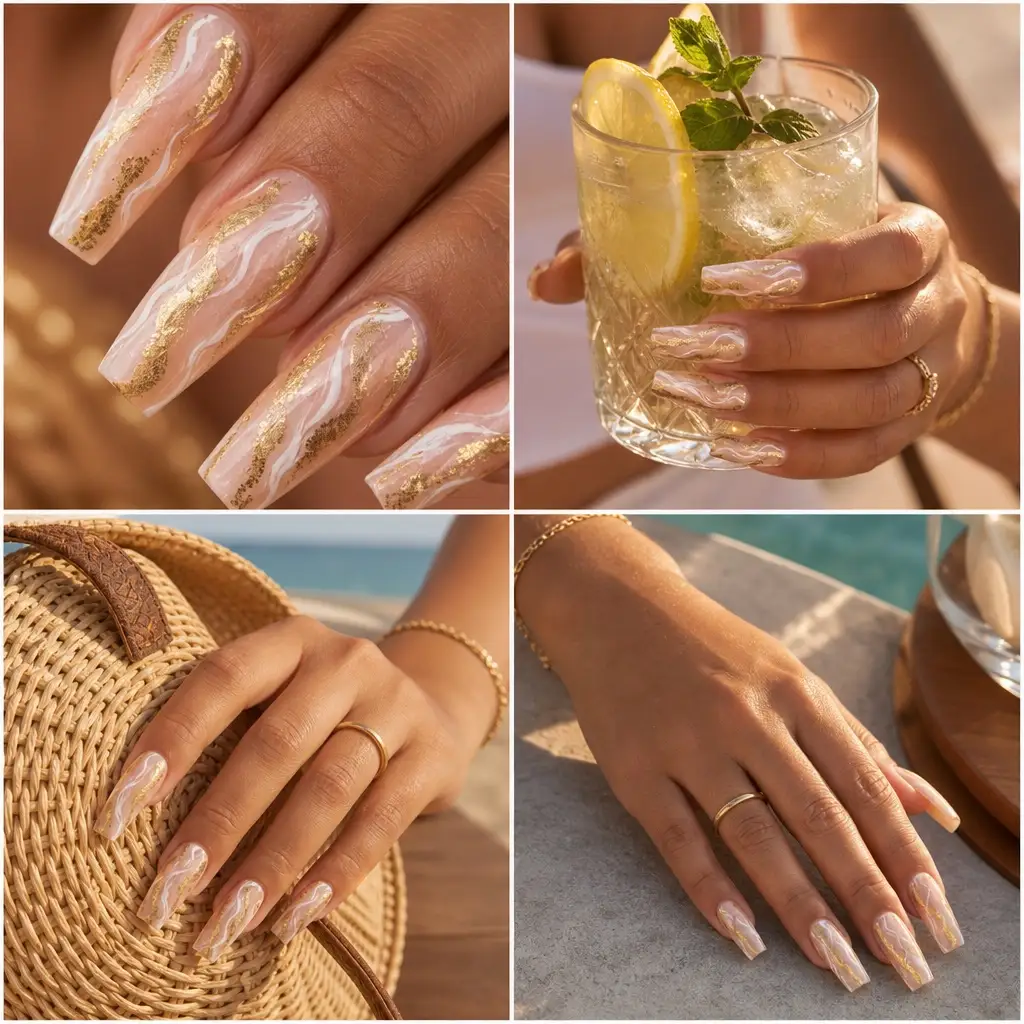 Golden Marble Luxe nails for summer. Summer vibes nails 2026 with gold foil marble on long coffin nails.