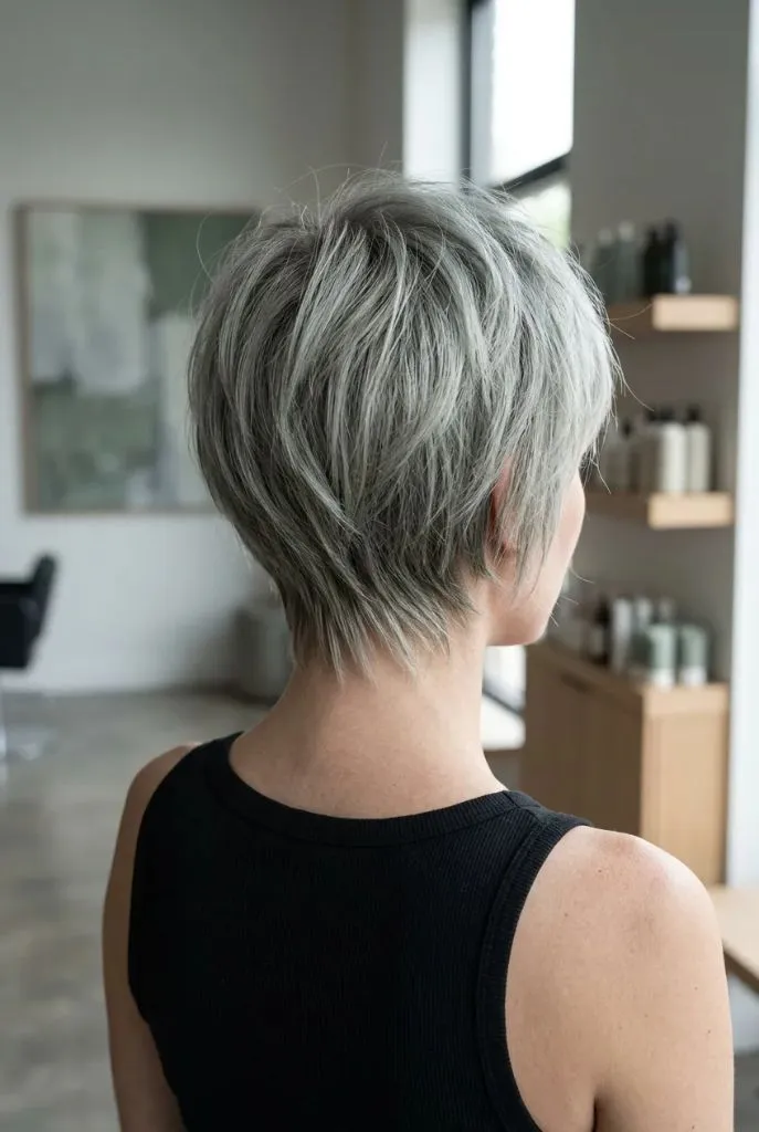 Sleek dark chocolate brown pixie with tapered nape and layered gray highlights from behind in a European shopping district