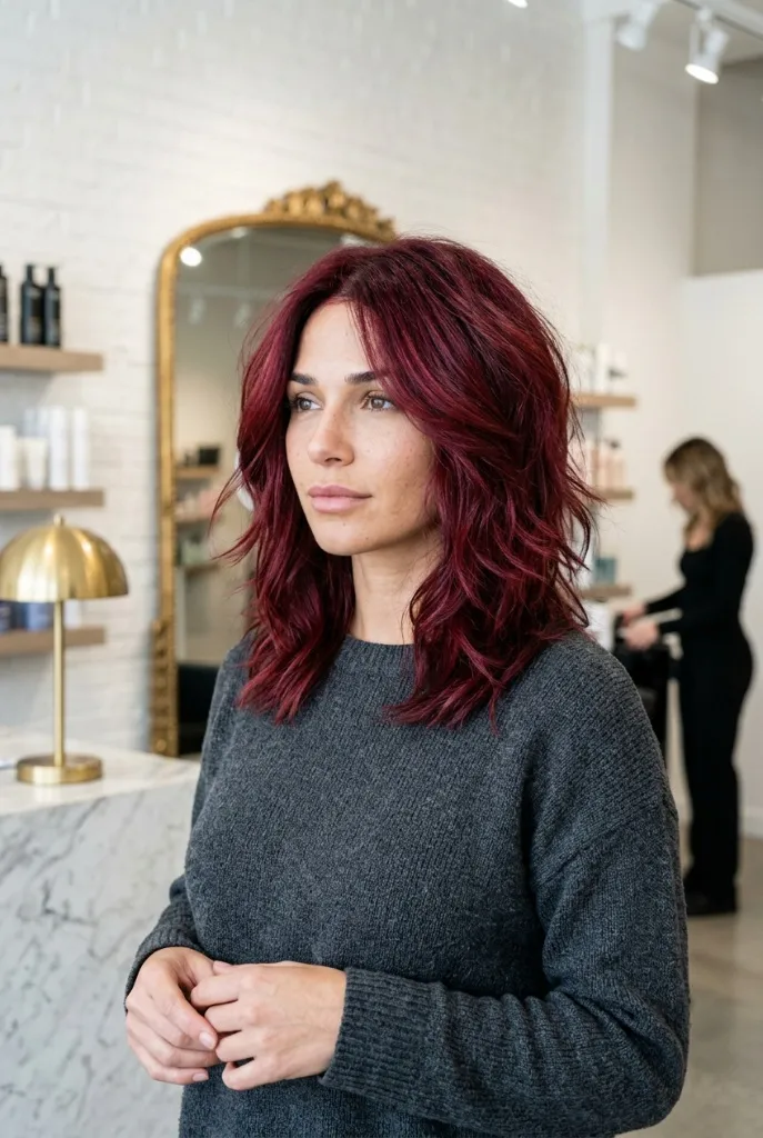 Deep cherry cola red wavy medium-length shag haircut, woman in salon with gold mirror