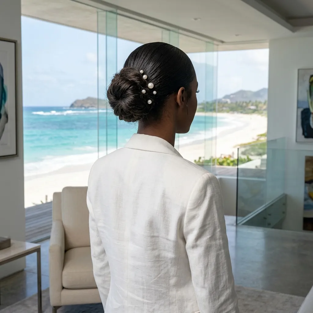 Sleek pearl-pinned chignon — dark hair in a polished low bun adorned with pearl pins, white linen blazer, overlooking a tropical beach from a modern interior