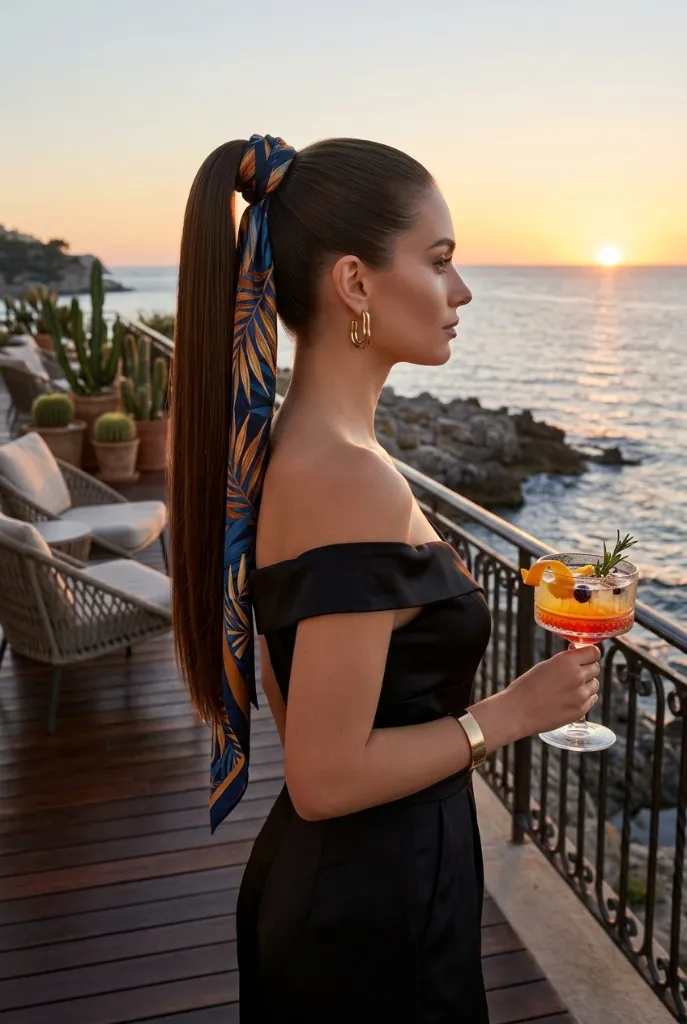 Scarf wrap sleek high ponytail in profile, long straight dark brown hair with blue and gold silk scarf tied at base, black off-shoulder dress, Mediterranean terrace at sunset