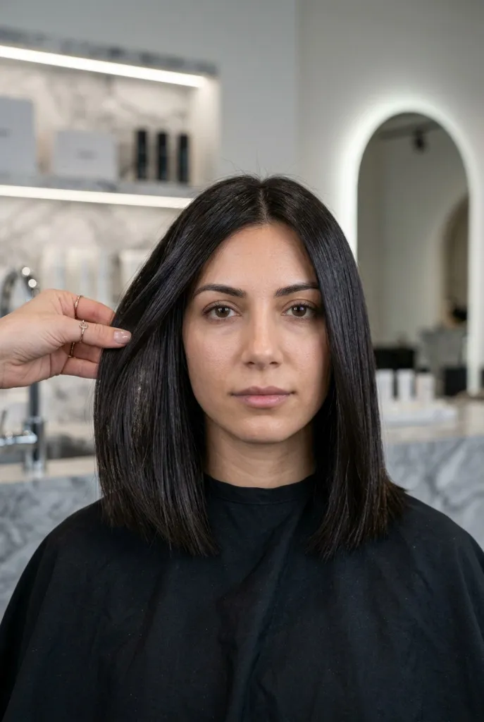 Straight black blunt medium-length haircut, center part, woman in salon chair