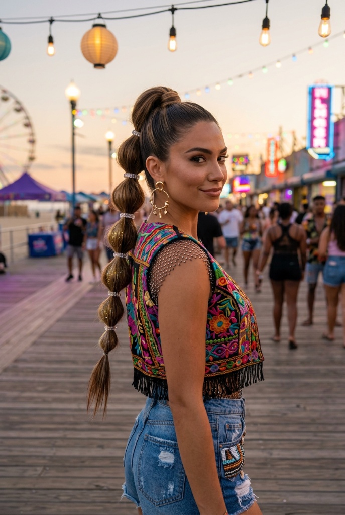Bubble ponytail at a summer boardwalk festival, long brown hair sectioned with crystal elastics into bubble segments, colorful embroidered top and distressed denim