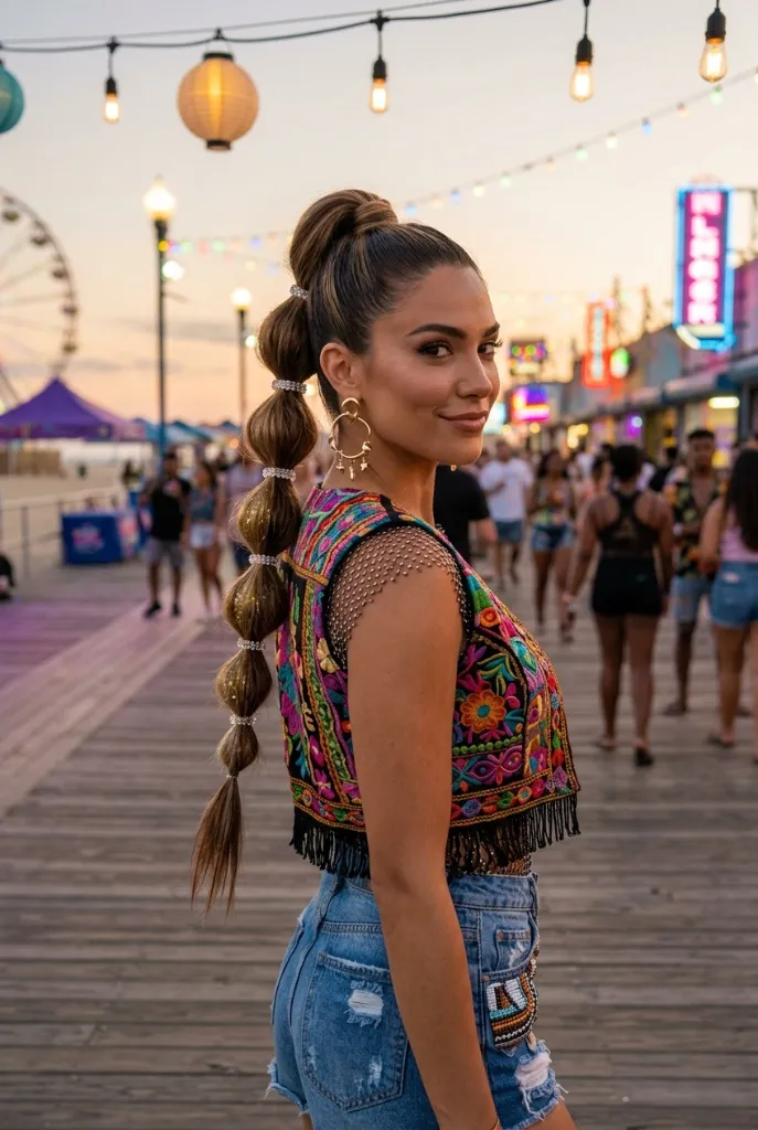 Bubble ponytail at a summer boardwalk festival, long brown hair sectioned with crystal elastics into bubble segments, colorful embroidered top and distressed denim