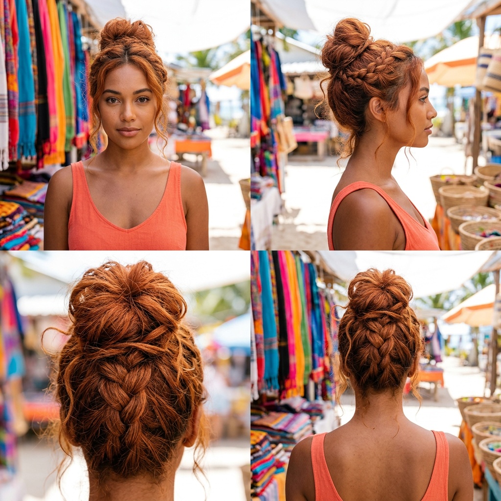 Braided crown messy bun — auburn red hair shown from four angles with braids woven into a high textured bun, outdoor market setting