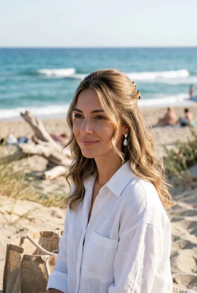 Woman with warm blonde wavy hair, pearl drop earrings, tortoiseshell hair clip, white linen button-up shirt, sandy beach background with beachgoers — polished, coastal, sophisticated-casual