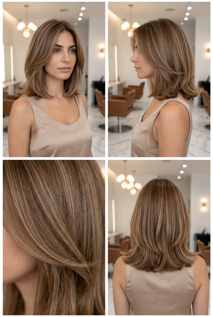 Medium-length brown hair with curtain bangs and layered flick, salon four-angle view