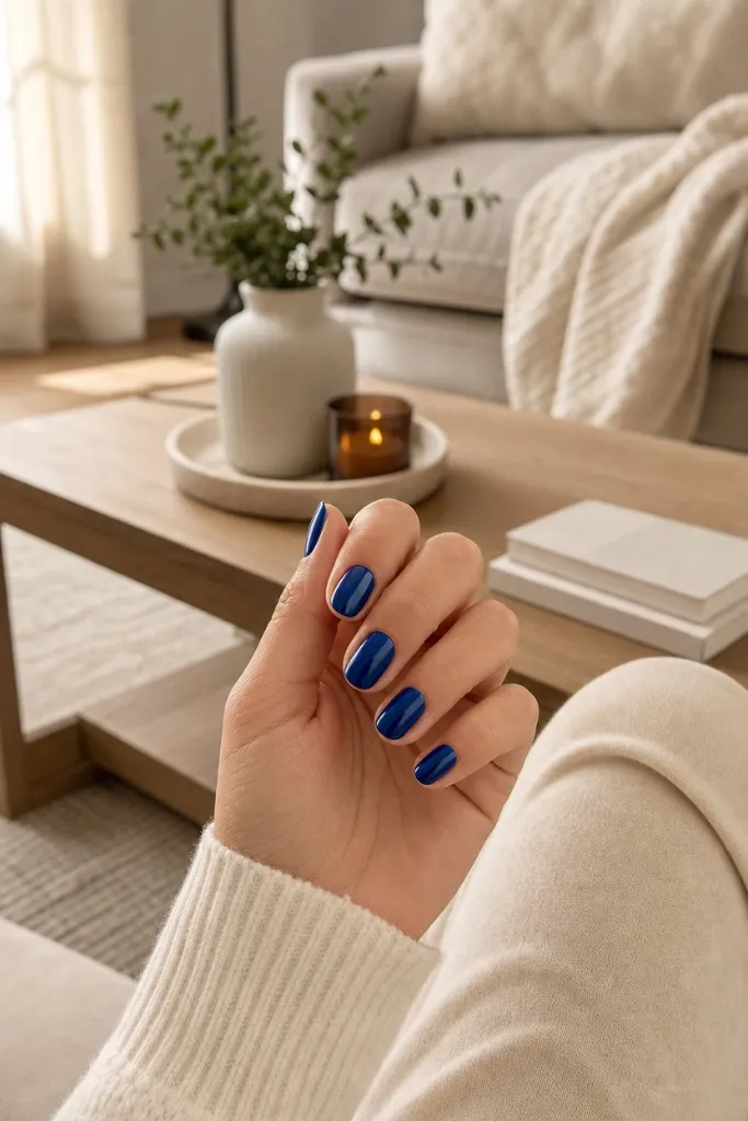 Midnight Navy Glass nails for summer. Summer vibes nails 2026 in glossy deep blue on short squoval.