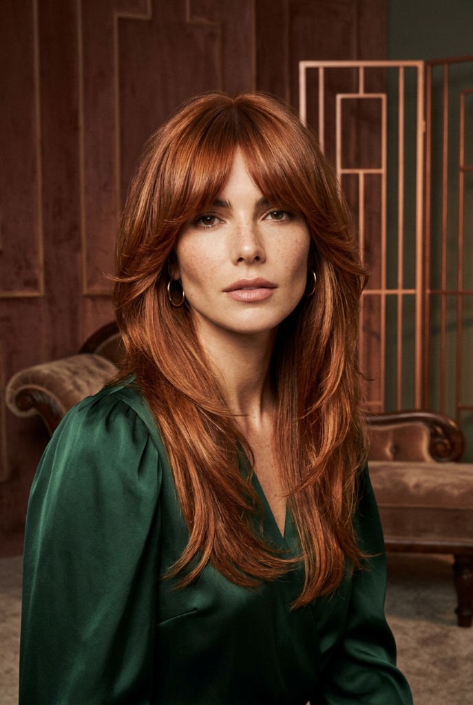 Copper Canyon Curtain Shag Haircut 2026 Long copper-red hair with full bangs and feathered layers in a warm-toned editorial setting