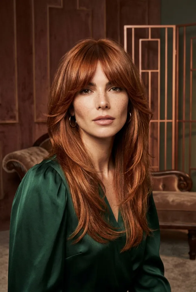 Long copper-red hair with full bangs and feathered layers in a warm-toned editorial setting