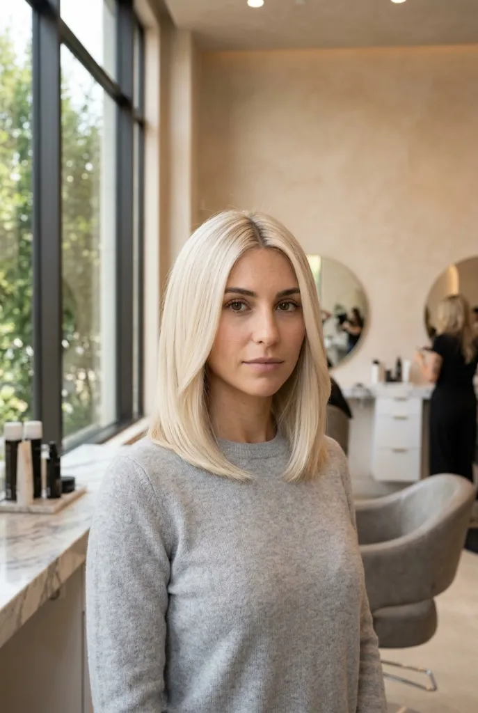 Platinum Midi Blonde Hair Color 2026 Cool platinum blonde medium-length straight hair in a modern salon