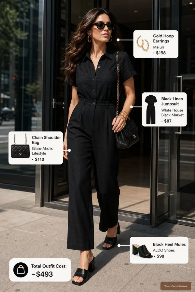 Black Linen Jumpsuit with Chain Shoulder Bag