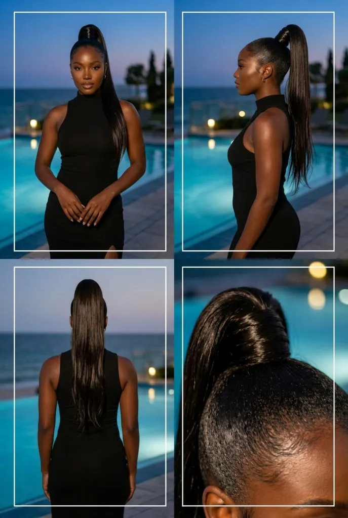 Ultra-sleek straight high ponytail from four angles, very long straight black hair, black halter dress, evening poolside with blue lighting