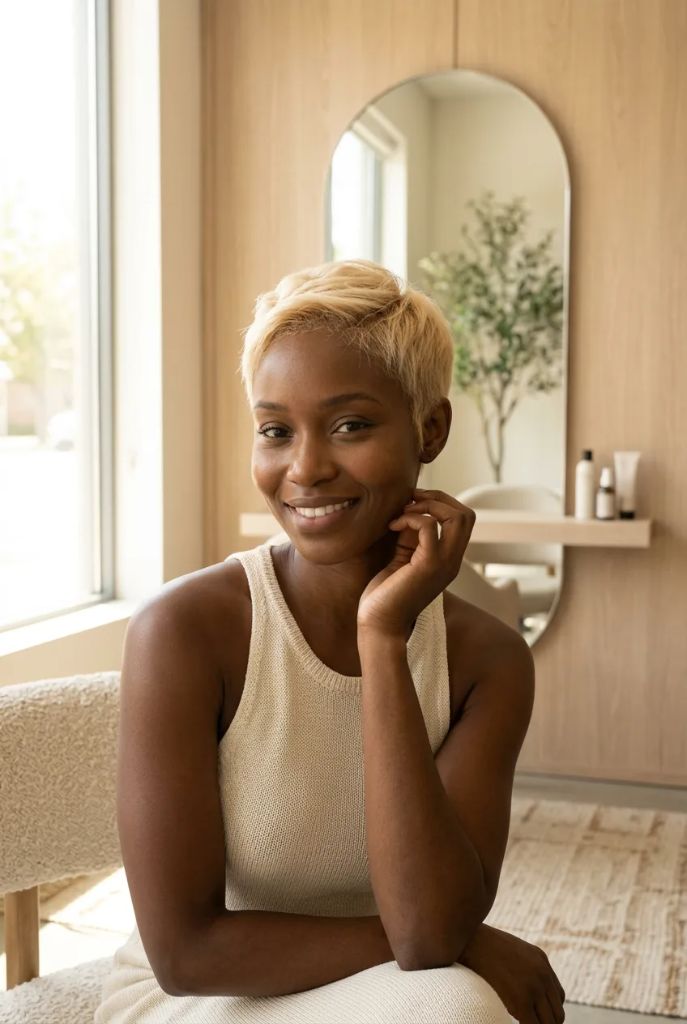 Bleached blonde pixie cut with short textured crop and warm smile in a bright minimalist salon