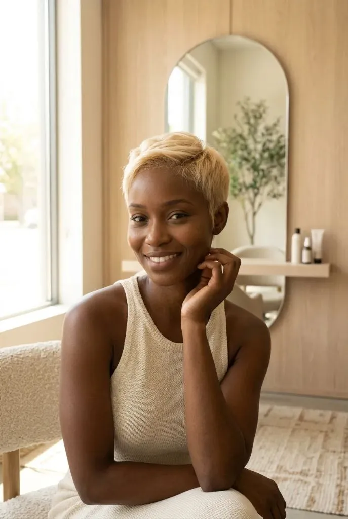Bleached blonde pixie cut with short textured crop and warm smile in a bright minimalist salon