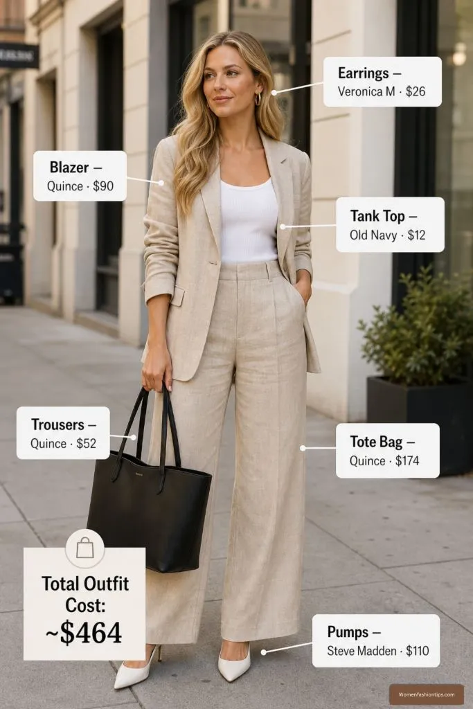 Beige linen blazer trousers with white tank and black tote