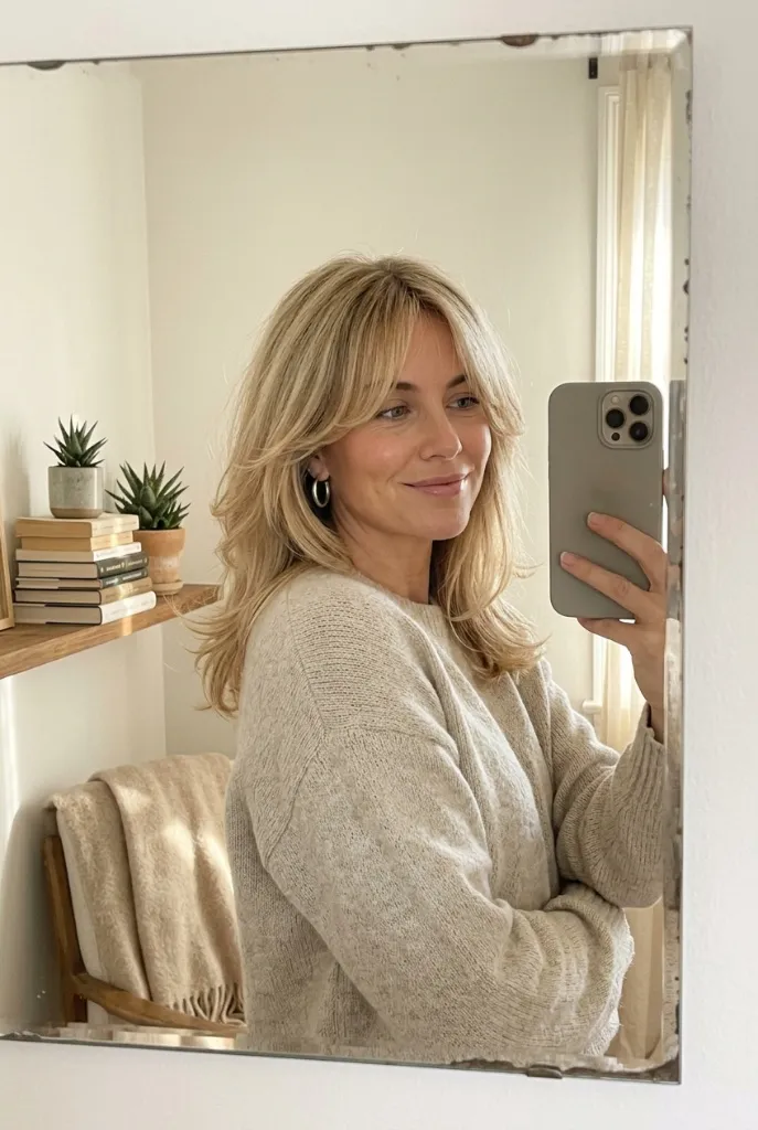Blonde shoulder-length layered shag with curtain bangs, casual mirror selfie