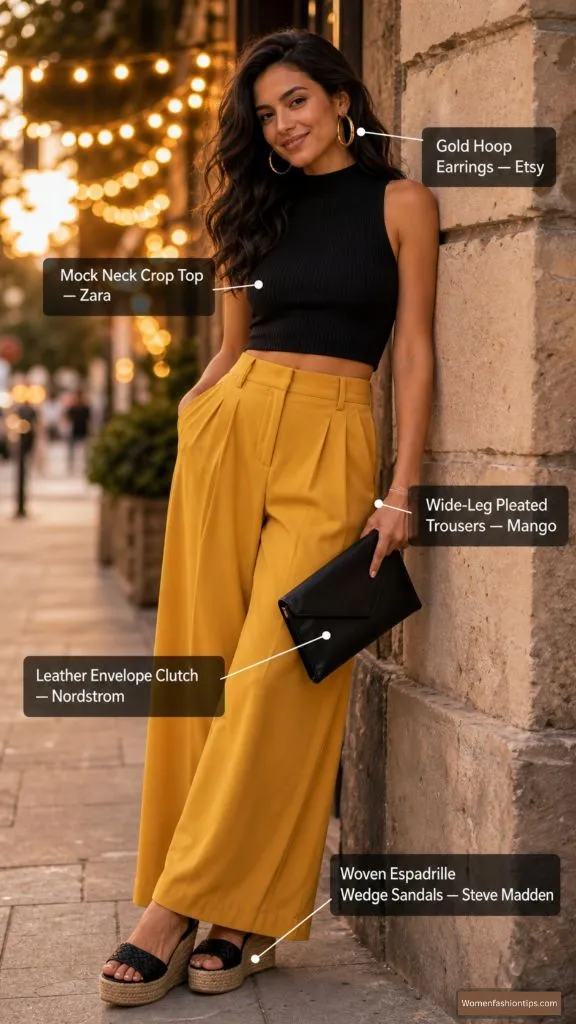 Black Crop Top and Mustard Trousers