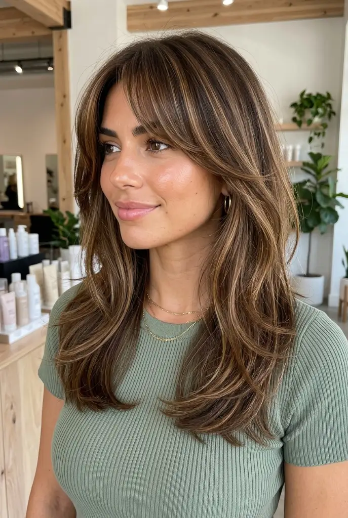 Warm Caramel Curtain Layer Brunette Summer 2026 Long brunette hair with warm caramel highlights and curtain-style face-framing layers in a salon
