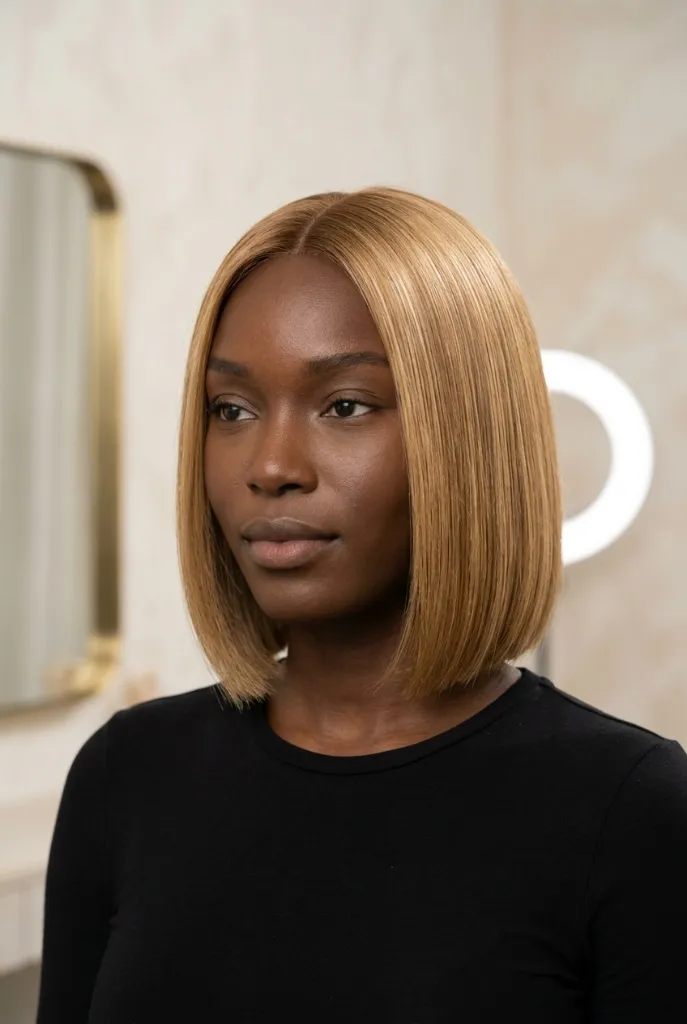 Warm Honey Blunt Bob Blonde 2026 Honey blonde blunt bob on a Black woman in an elegant salon setting