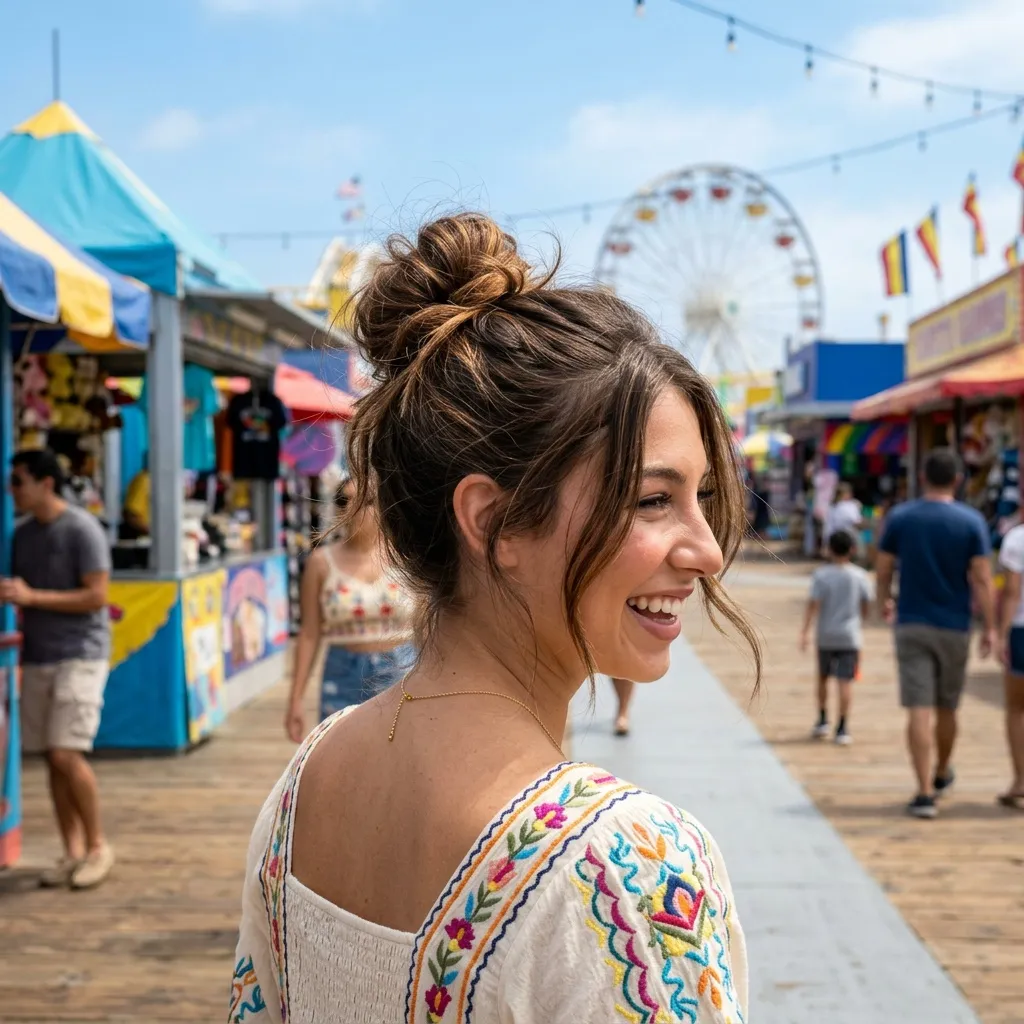 Boardwalk messy topknot — brunette hair in a casual high bun with loose tendrils, smiling at a carnival boardwalk with a Ferris wheel