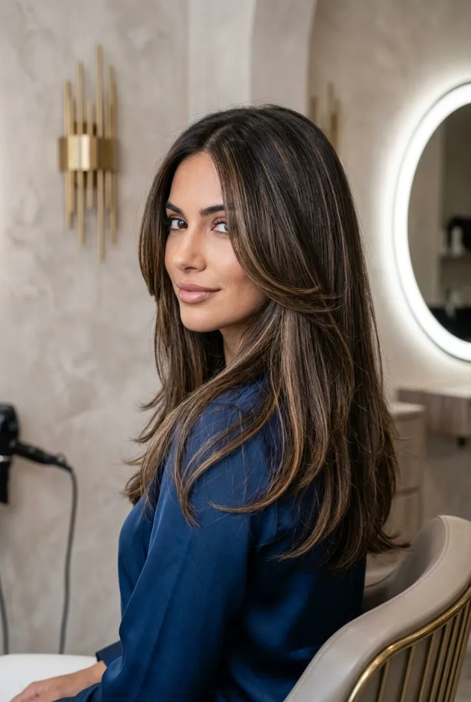 Caramel Highlight Blowout Brunette Hair Summer 2026 Long dark brunette hair with caramel face-framing highlights and a salon blowout